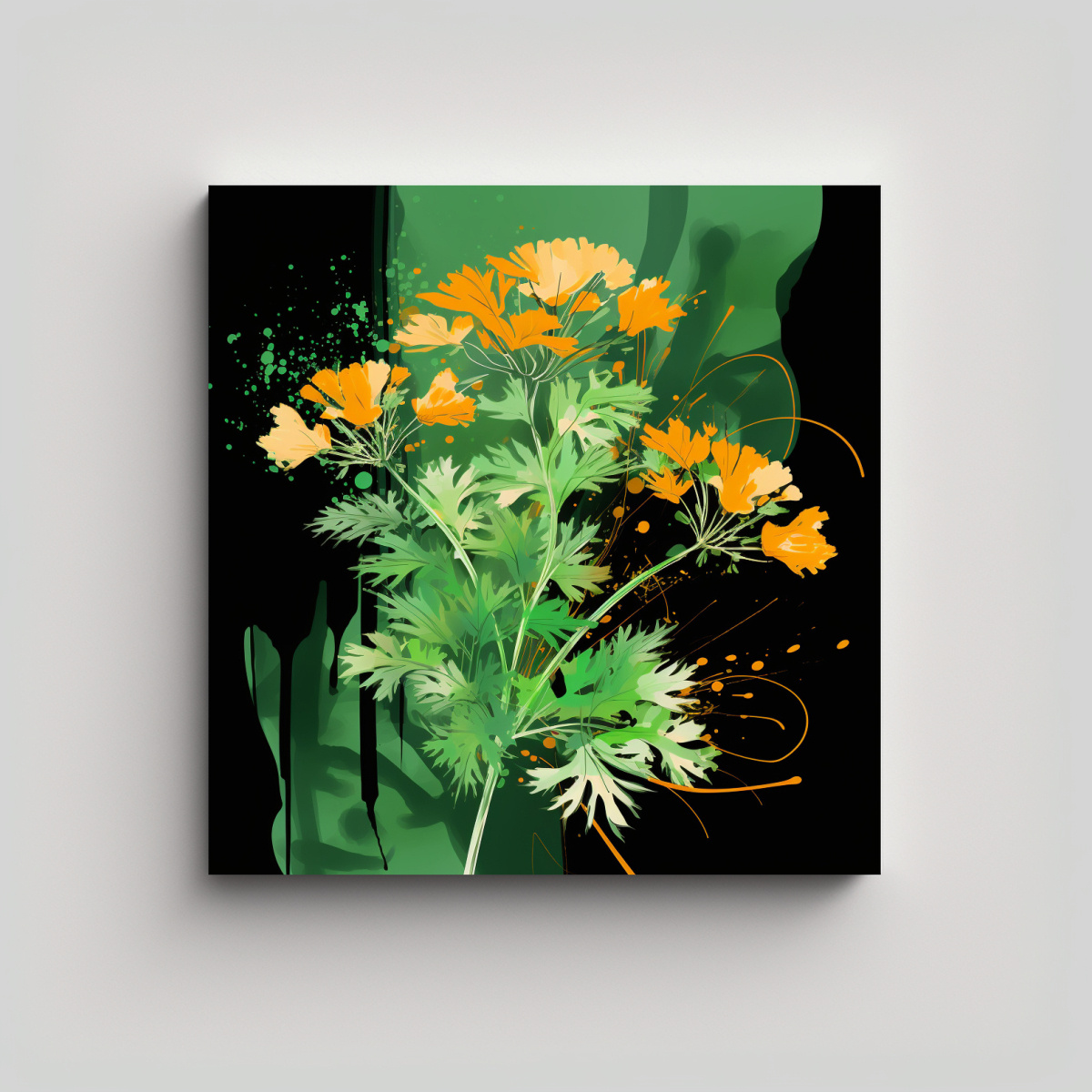 pinturas-decorativas-de-lienzo-sublimado-de-cilantro-y-hierbas-en-colores-verde-y-naranja-estilo-neonoir