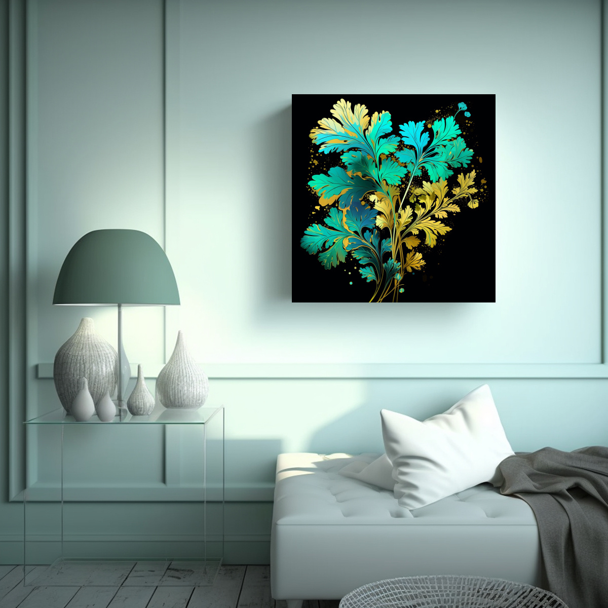 pinturas-decorativas-en-turquesa-y-dorado-con-hierbas-de-perejil-en-una-atm-sfera-neonoir-de-dimensiones-espectaculares-1