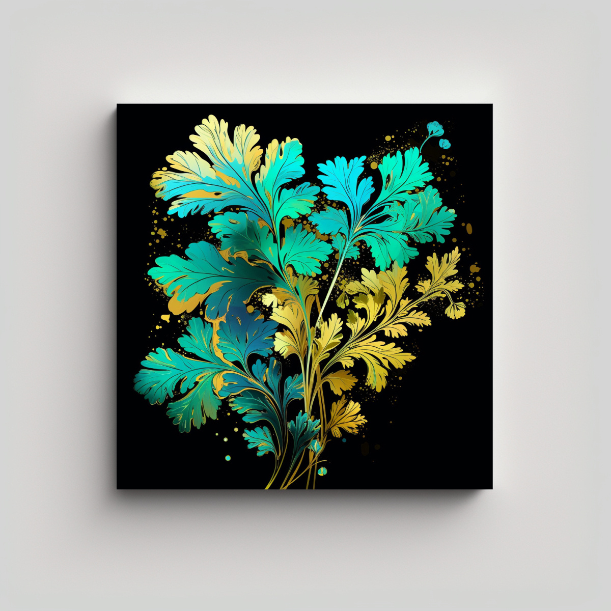 pinturas-decorativas-en-turquesa-y-dorado-con-hierbas-de-perejil-en-una-atm-sfera-neonoir-de-dimensiones-espectaculares