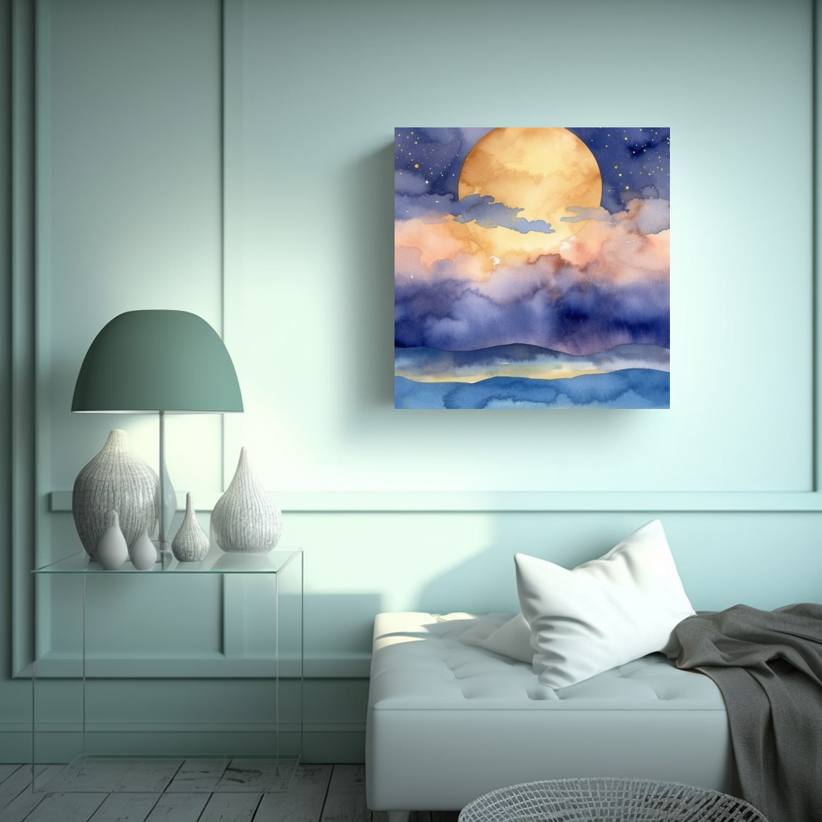 pinturas-decorativas-modernas-cielo-al-atardecer-en-acuarela-azul-con-fondo-de-playa-beige-1