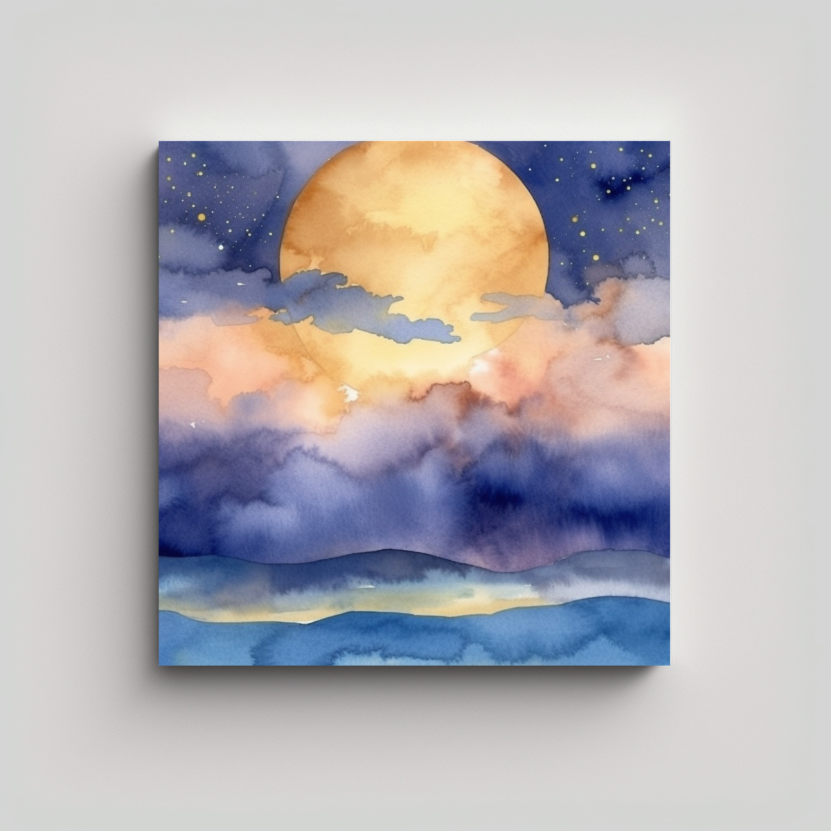 pinturas-decorativas-modernas-cielo-al-atardecer-en-acuarela-azul-con-fondo-de-playa-beige