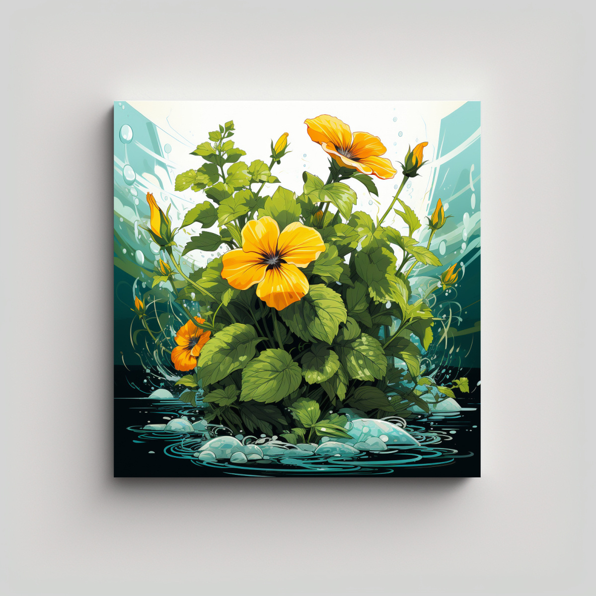 pinturas-decorativas-modernas-de-canva-en-colores-amarillos-con-hierbas-de-menta-y-ambiente-neonoir-neo-pop-