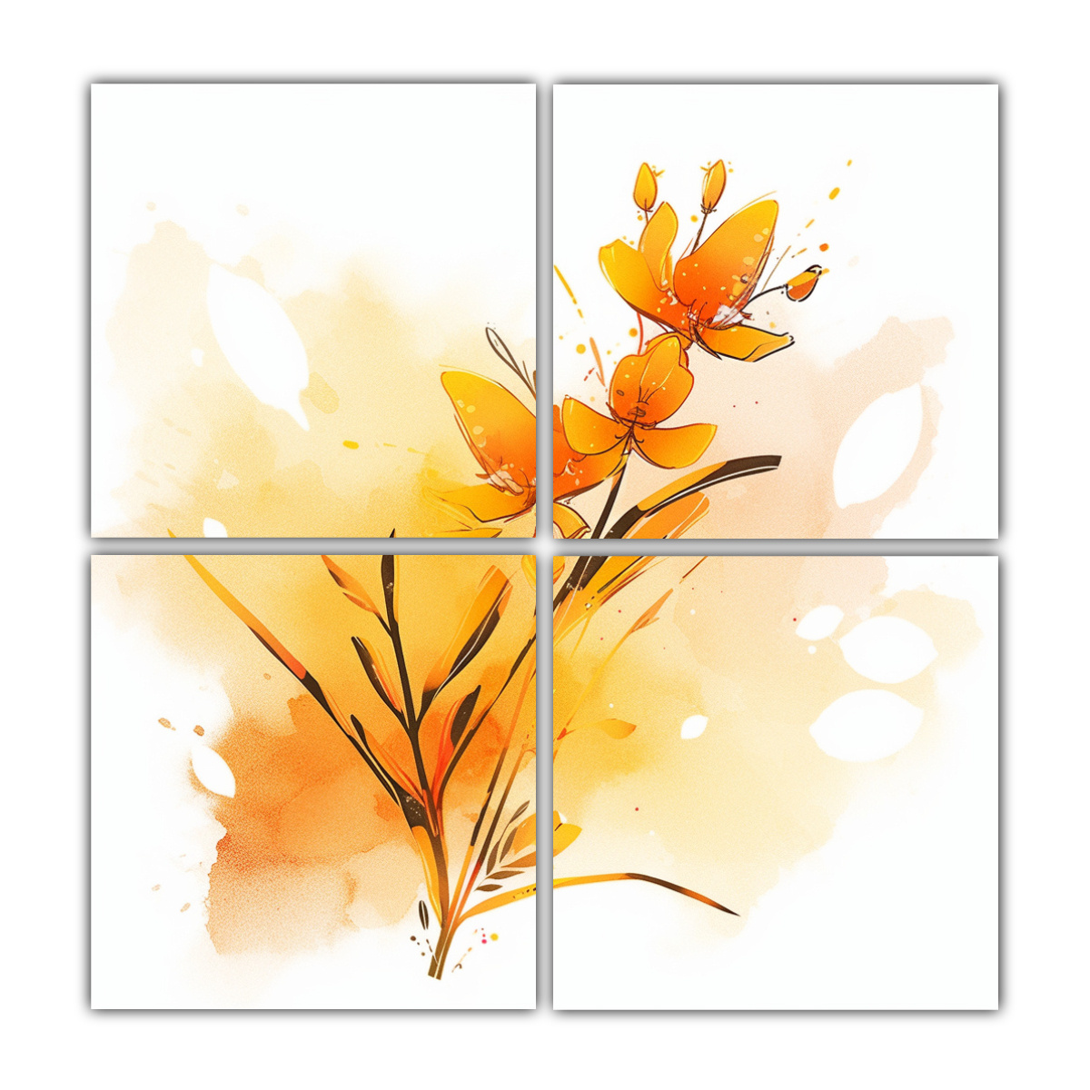 pinturas-decorativas-modernas-para-dormitorio-con-cuatro-lienzos-en-amarillo-y-naranja-en-un-ambiente-neonoir-con-estilo-