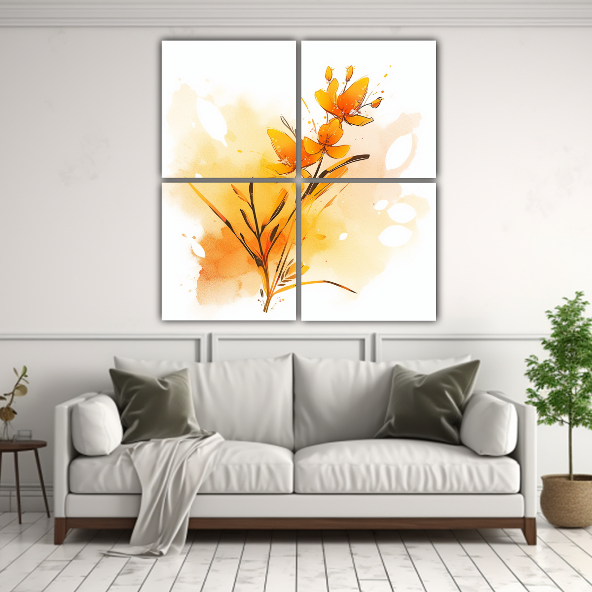 pinturas-decorativas-modernas-para-dormitorio-con-cuatro-lienzos-en-amarillo-y-naranja-en-un-ambiente-neonoir-con-estilo-1-1