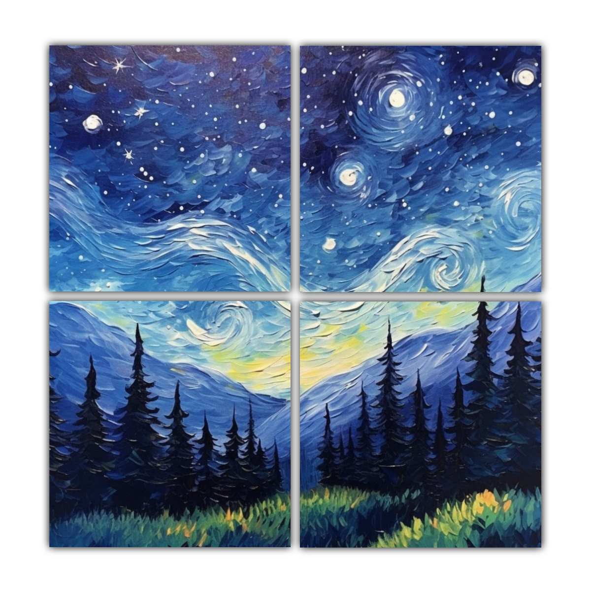 pinturas-decorativas-multicolores-del-movimiento-cuatro-canvas-noche-estrellada-clara-y-majestuosa