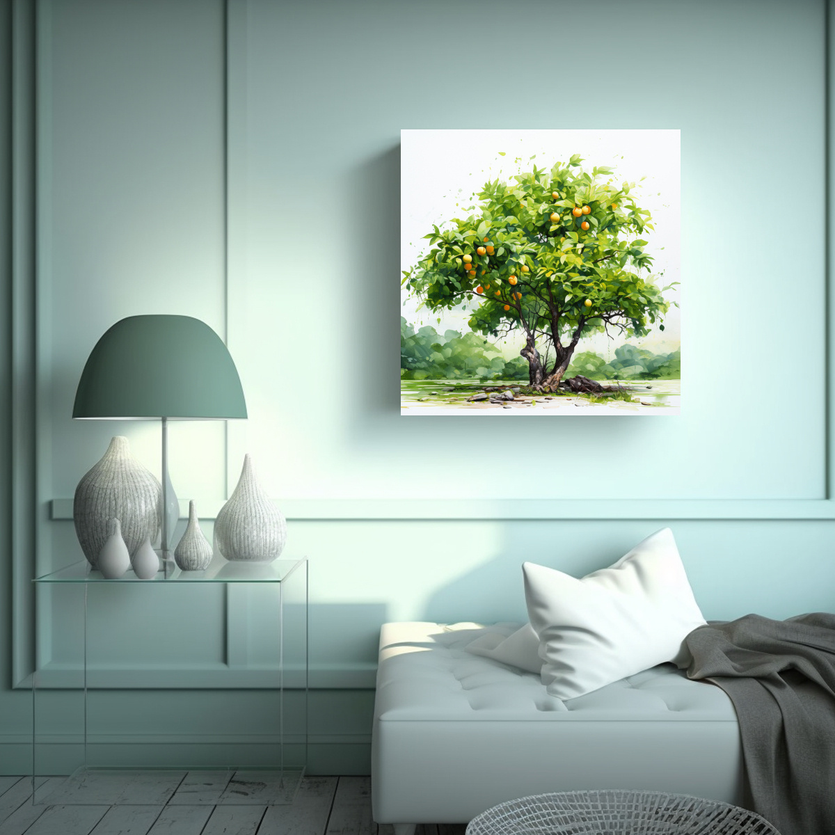 tela-en-bastidor-composici-n-din-mica-de-un-cuadro-abstracto-en-colores-verde-y-dorado-con-rbol-de-mango-y-agua-1