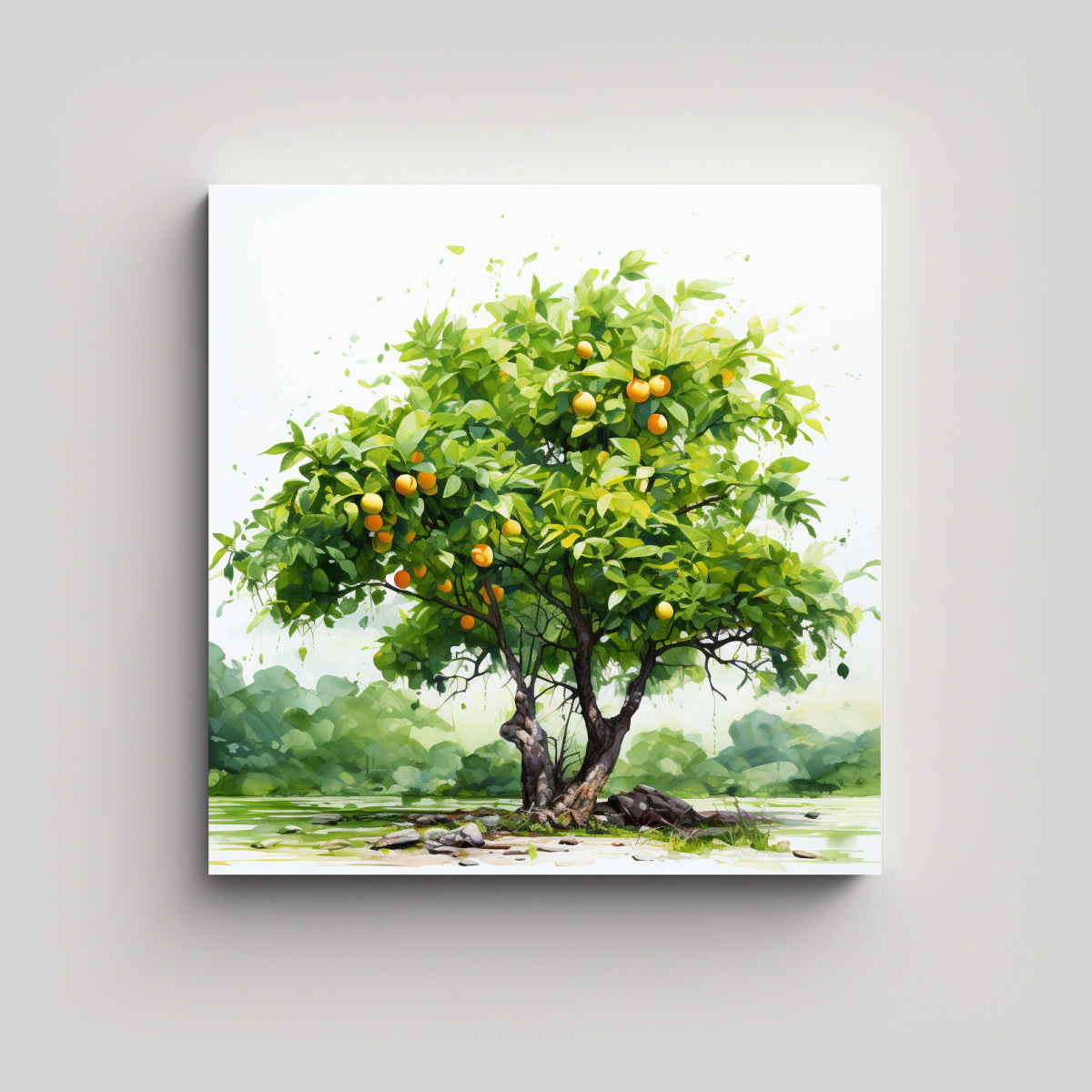 tela-en-bastidor-composici-n-din-mica-de-un-cuadro-abstracto-en-colores-verde-y-dorado-con-rbol-de-mango-y-agua