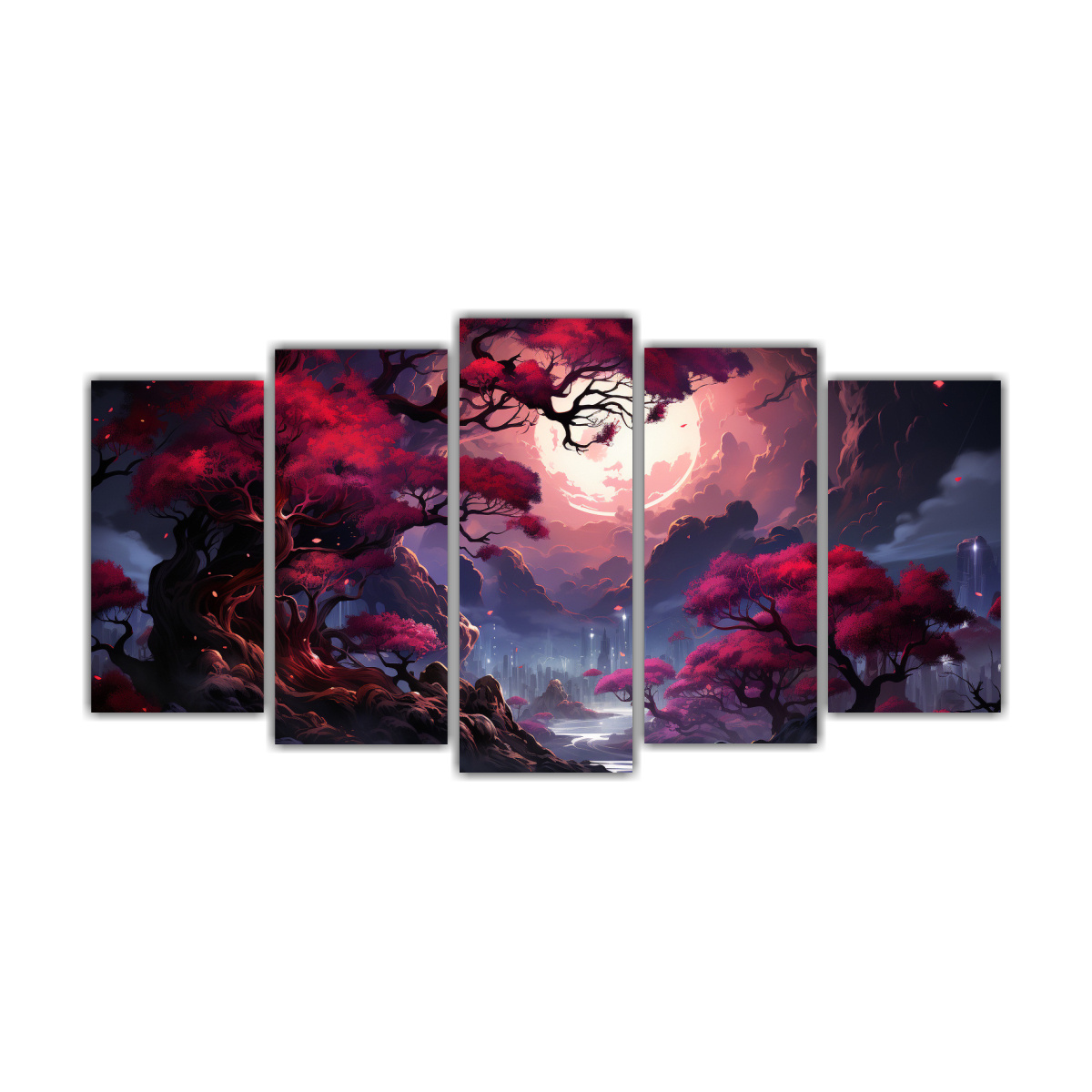 5-lienzos-de-tela-impreso-con-rbol-de-acebo-en-tonos-morado-y-rojo-atm-sfera-neonoir-multicolor