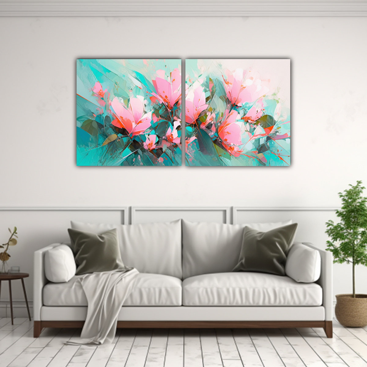 arte-de-pared-con-flores-turquesa-y-rosa-en-lienzo-1