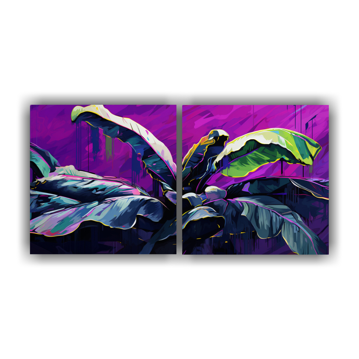 artes-de-pared-hermoso-para-oficina-hojas-de-banana-en-tonos-morados-ambiente-neonoir