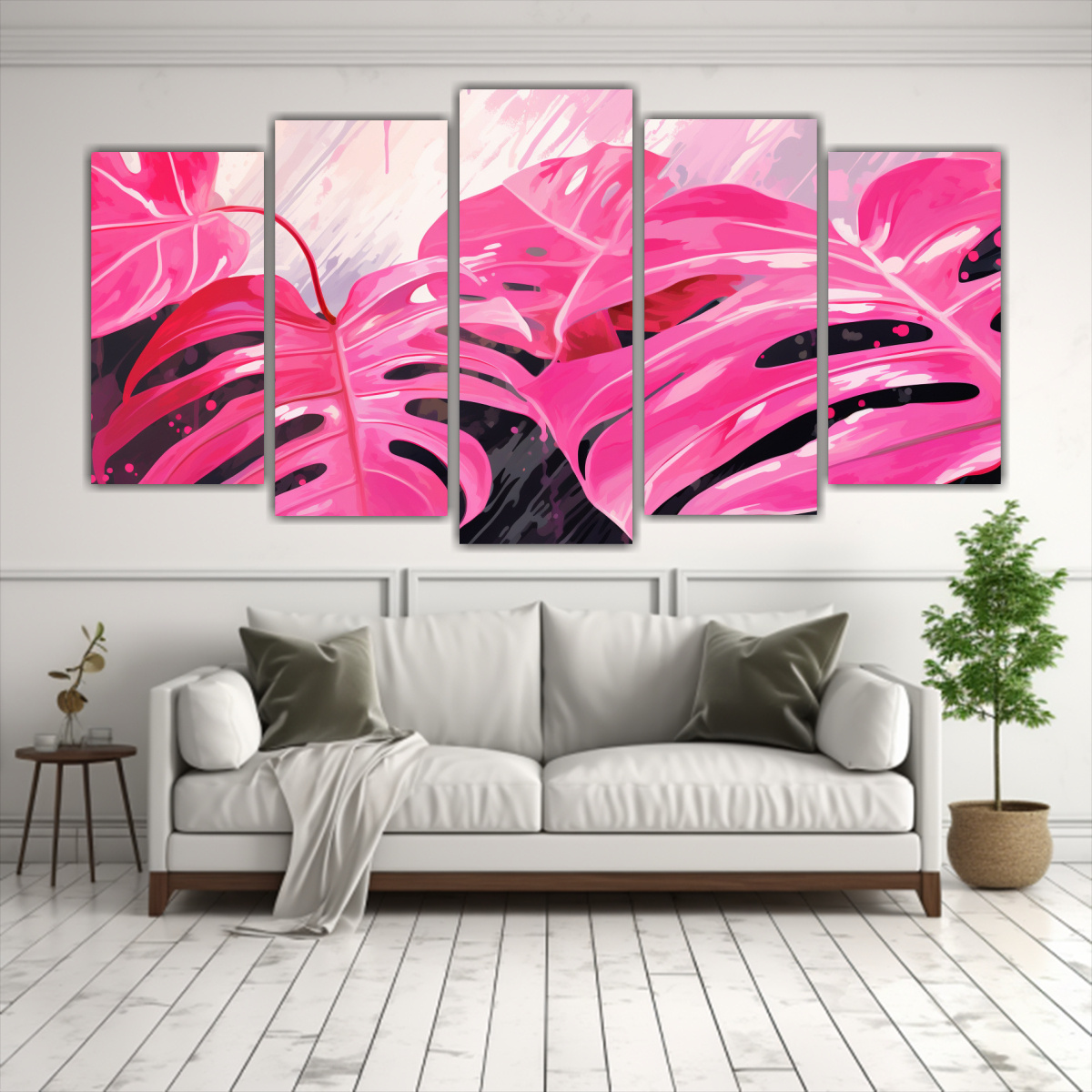 artes-de-pared-monstera-leaves-en-colores-rosados-neonoir-1