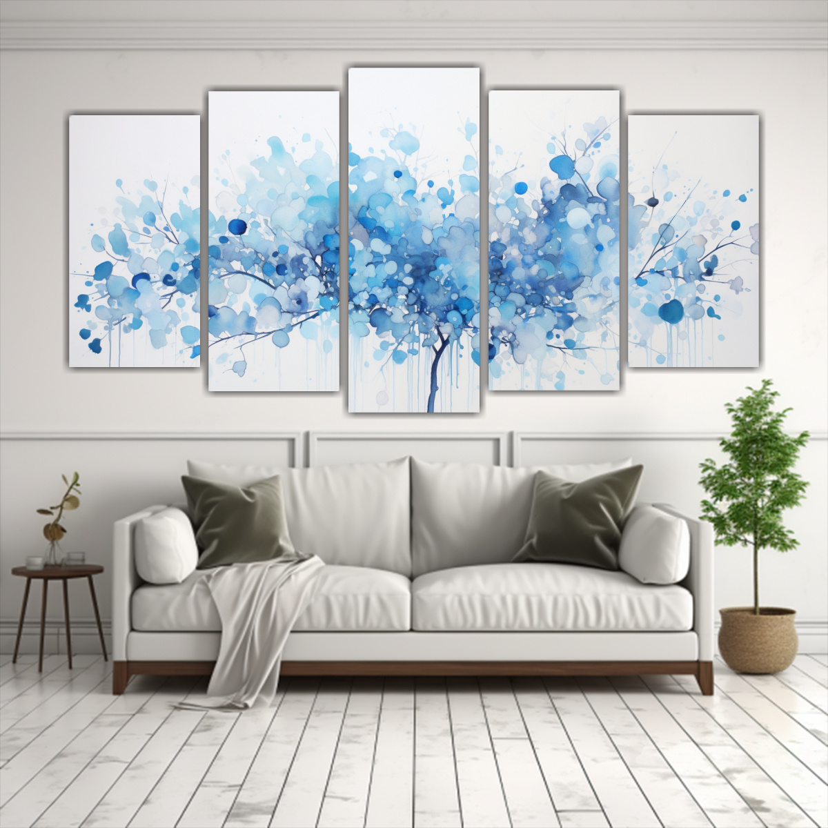 bastidor-abstracto-comedor-con-cinco-telas-en-rbol-de-eucalipto-negros-y-azules-1