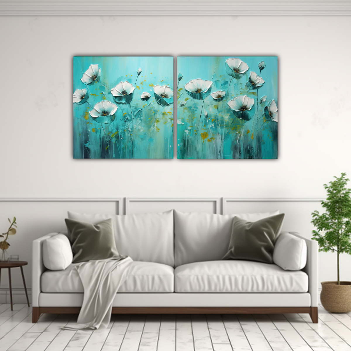 conjunto-2-lienzos-modernos-figuras-pintura-en-tela-verde-y-turquesa-flores-en-lienzo-decorativo-1