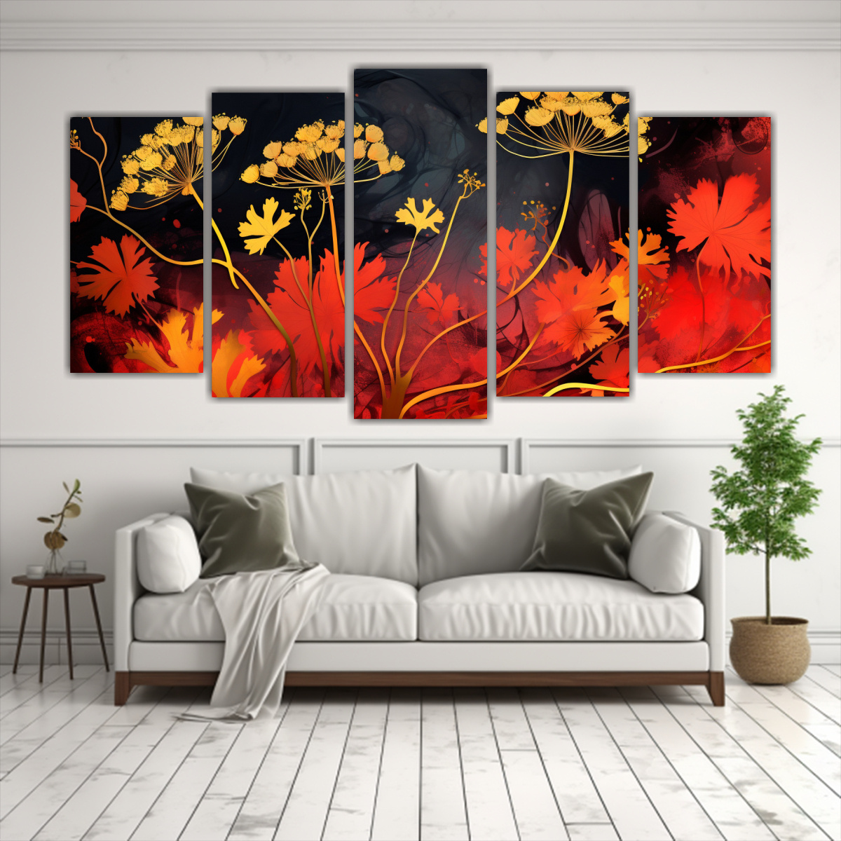 conjunto-5-cuadros-impreso-floral-de-perejil-en-colores-rojo-y-oro-con-atm-sfera-neonoir-1