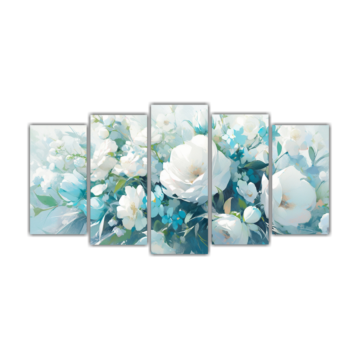 conjunto-5-cuadros-inspirador-vitalidad-pintura-en-lona-en-colores-blanco-y-turquesa-de-flores-