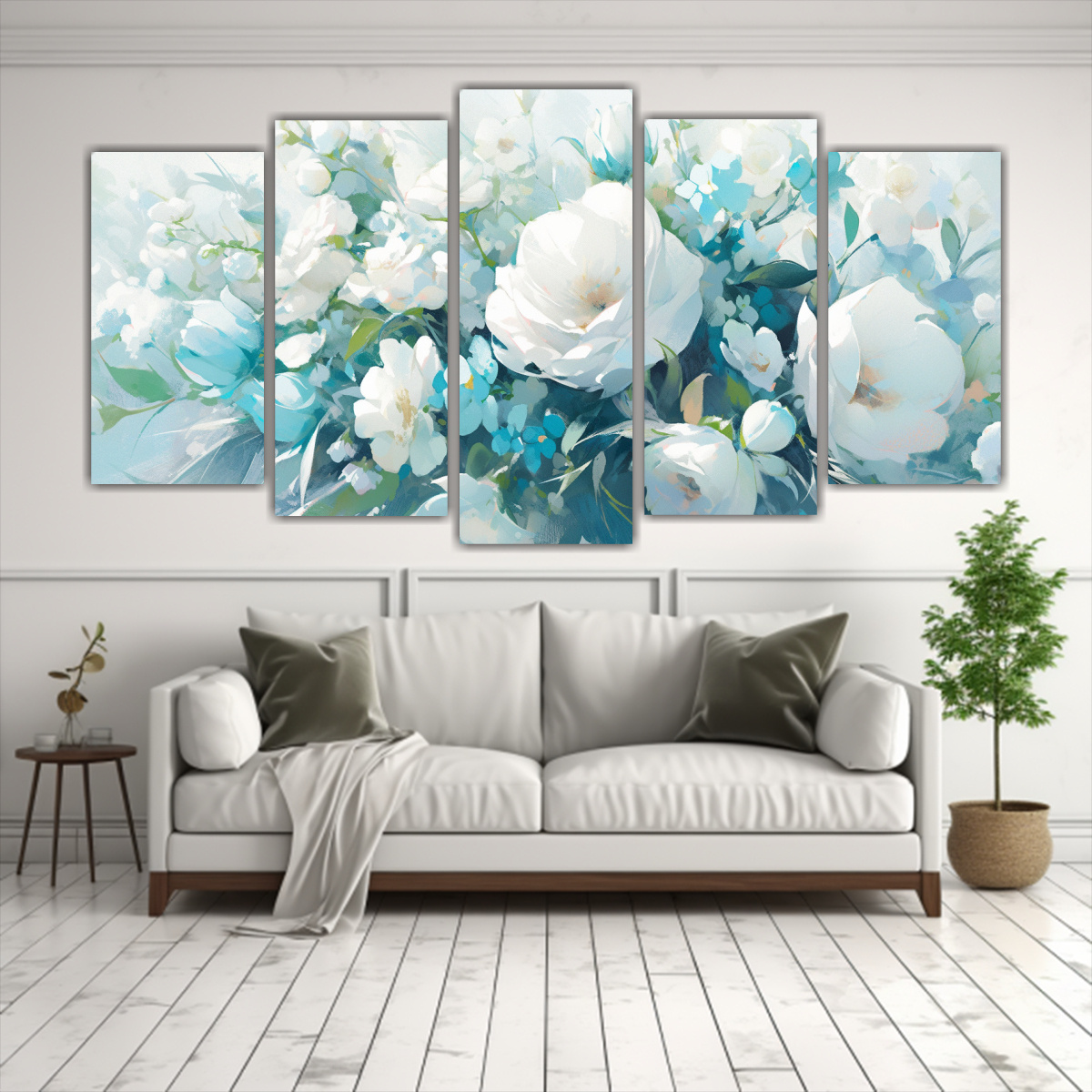 conjunto-5-cuadros-inspirador-vitalidad-pintura-en-lona-en-colores-blanco-y-turquesa-de-flores-1-1