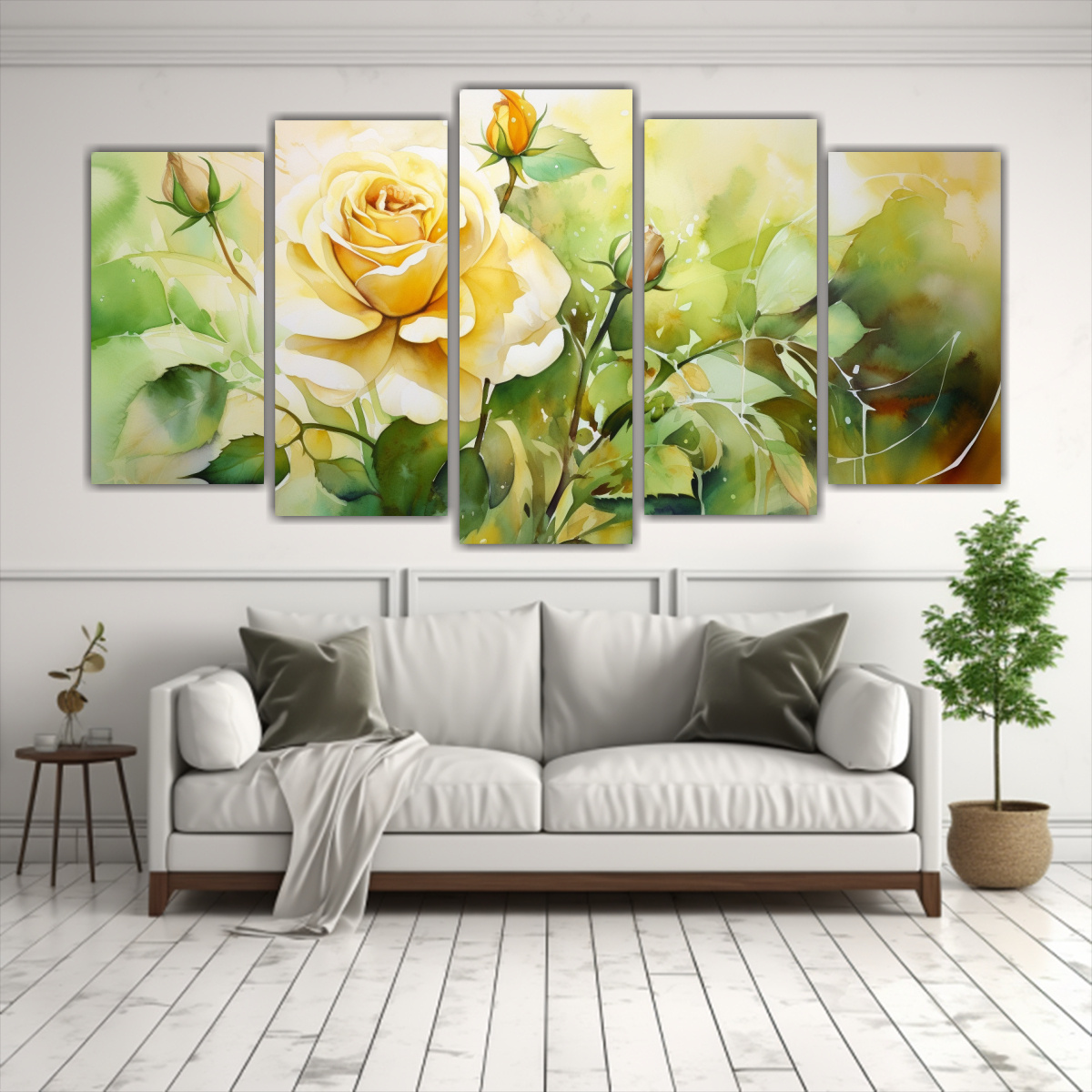 cuadro-abstracto-en-acuarela-verde-y-dorado-con-expresi-n-est-tica-de-cinco-telas-en-bastidor-1