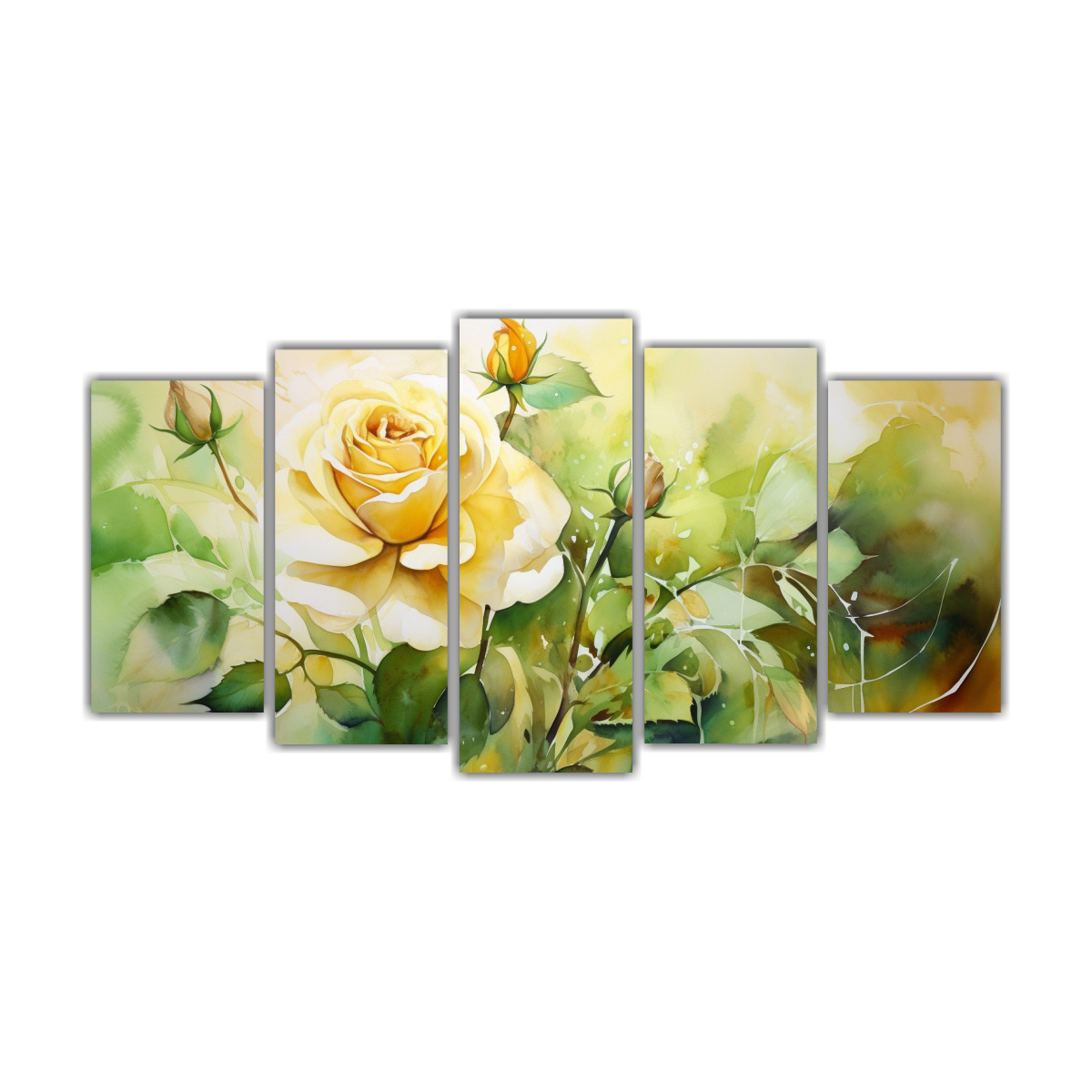 cuadro-abstracto-en-acuarela-verde-y-dorado-con-expresi-n-est-tica-de-cinco-telas-en-bastidor