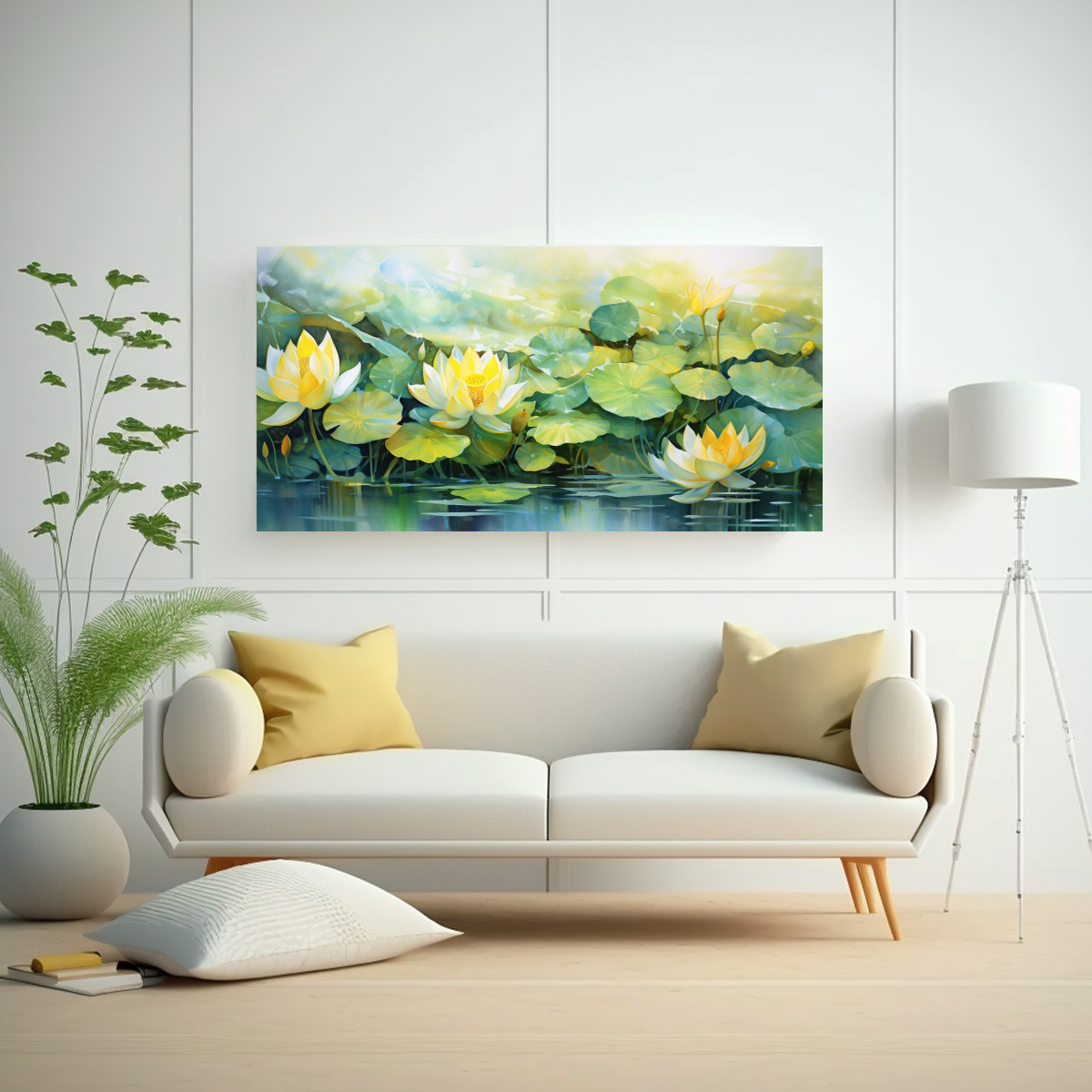 cuadro-abstracto-flores-de-loto-amarillo-y-verde-en-lienzo-inspirador-1