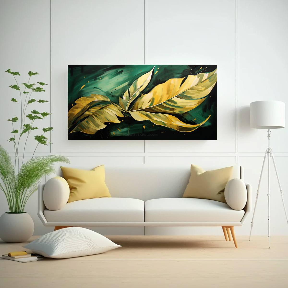 cuadro-arte-de-pared-hojas-de-pl-tano-en-verde-y-dorado-atmosfera-neonoir-1