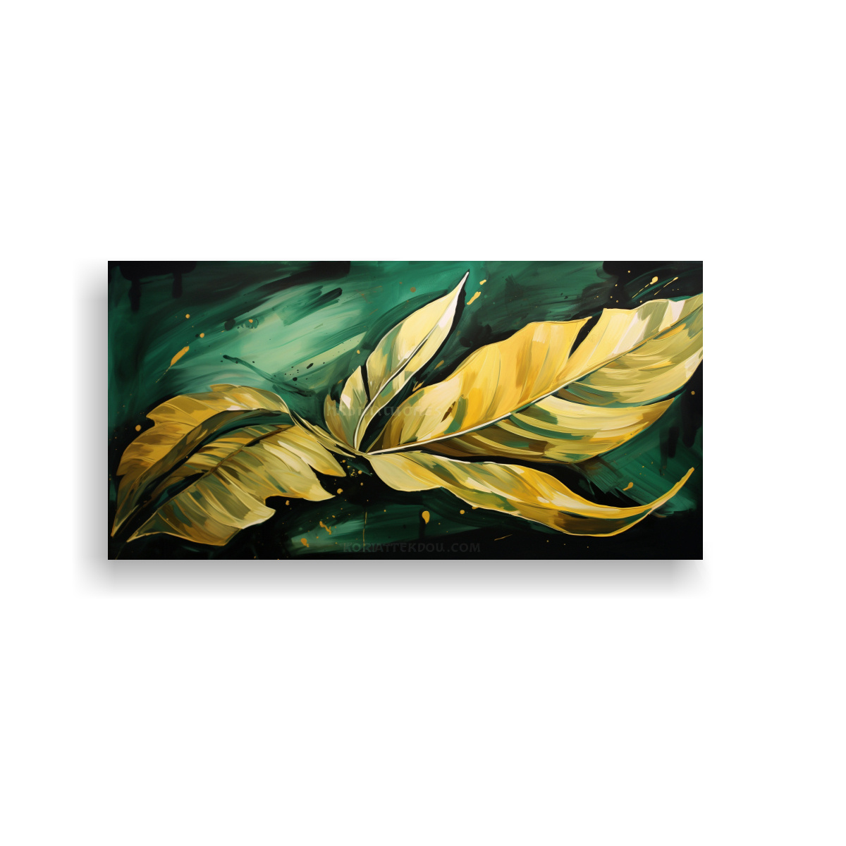 cuadro-arte-de-pared-hojas-de-pl-tano-en-verde-y-dorado-atmosfera-neonoir