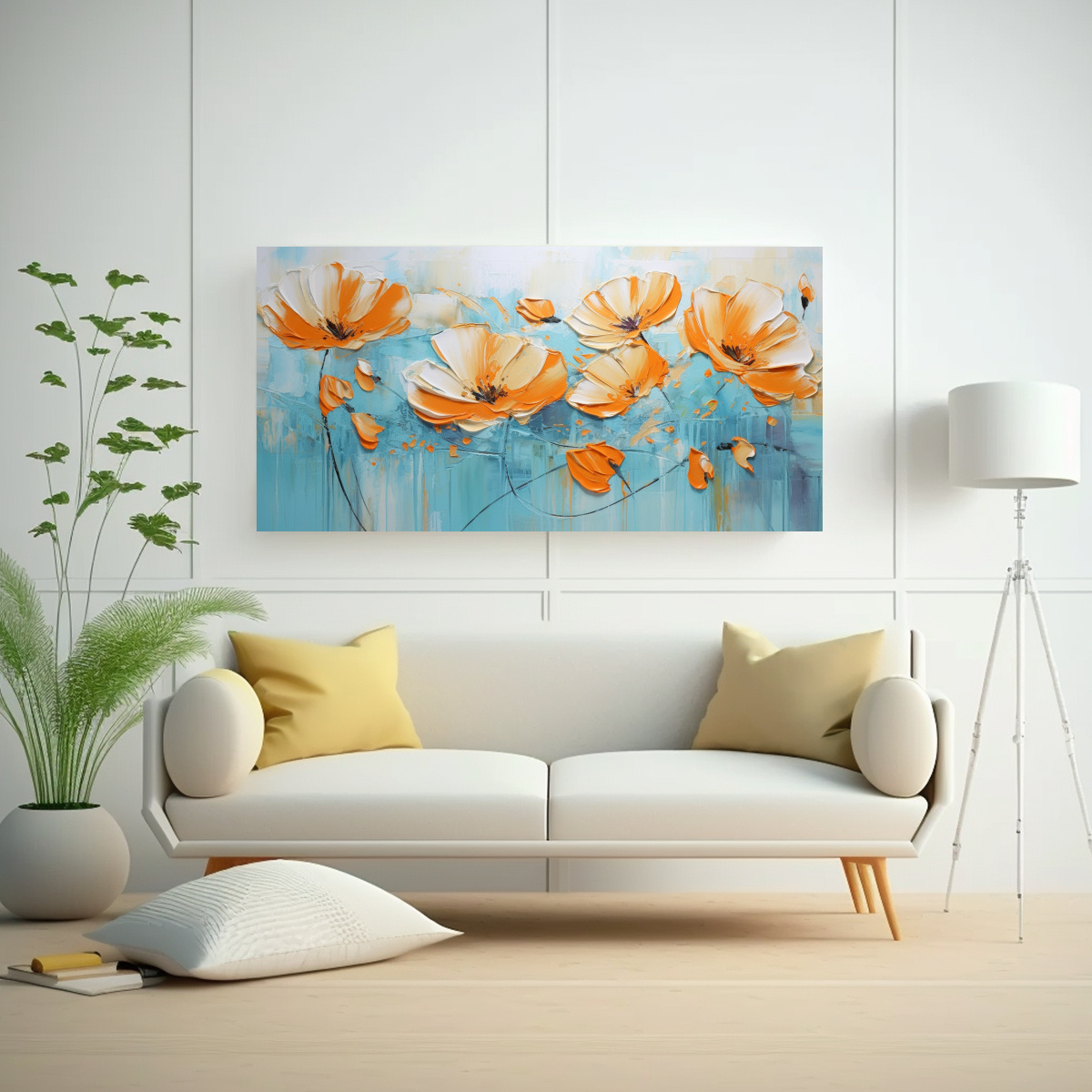 cuadro-de-flores-exclusivo-en-turquesa-y-naranja-sobre-lienzo-1