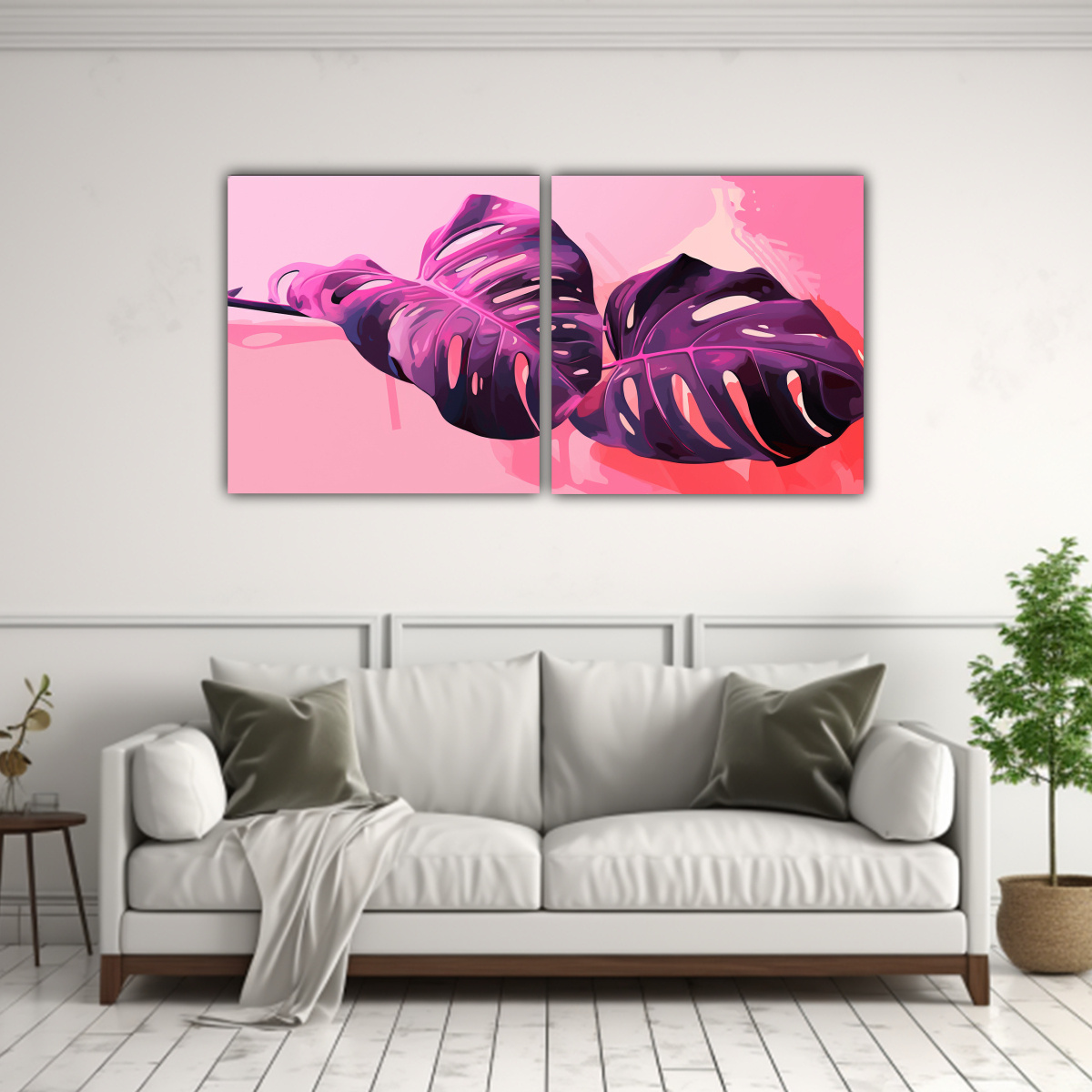 cuadro-de-fotograf-a-en-lienzo-de-hojas-de-monstera-en-tonos-rosados-y-atm-sfera-neonoir-1