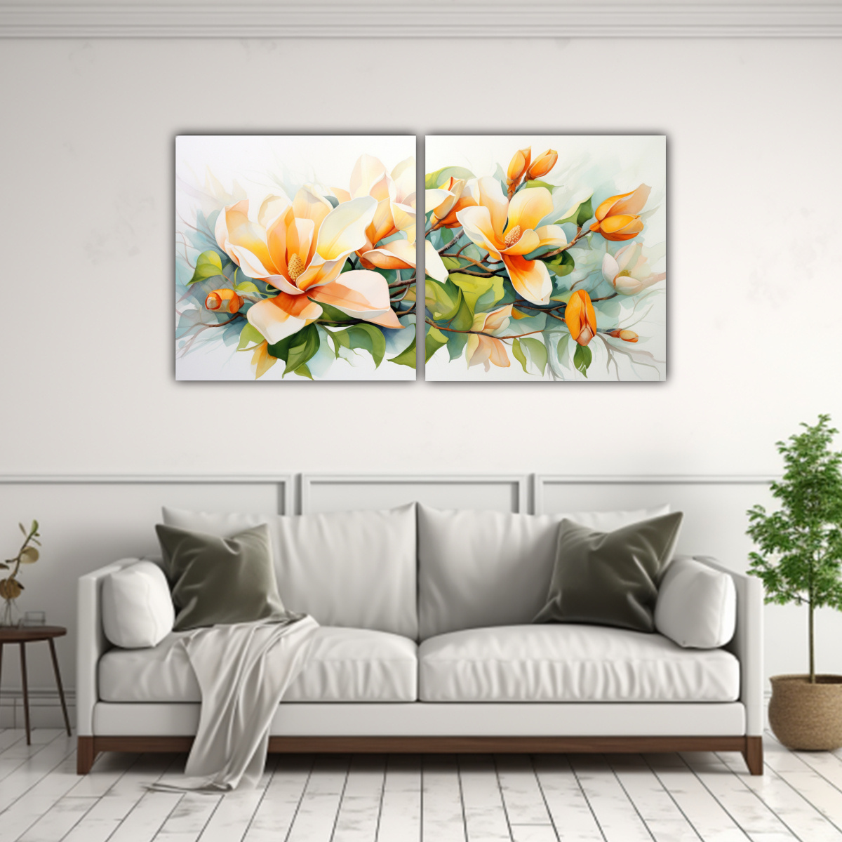 cuadro-de-tela-abstracto-con-flores-magnolias-verdes-y-naranjas-1