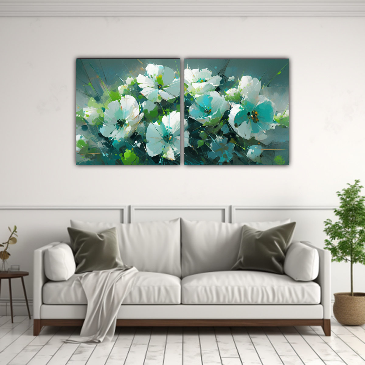cuadro-horizontal-motivo-a-flores-en-verde-y-cyan-en-lienzo-1