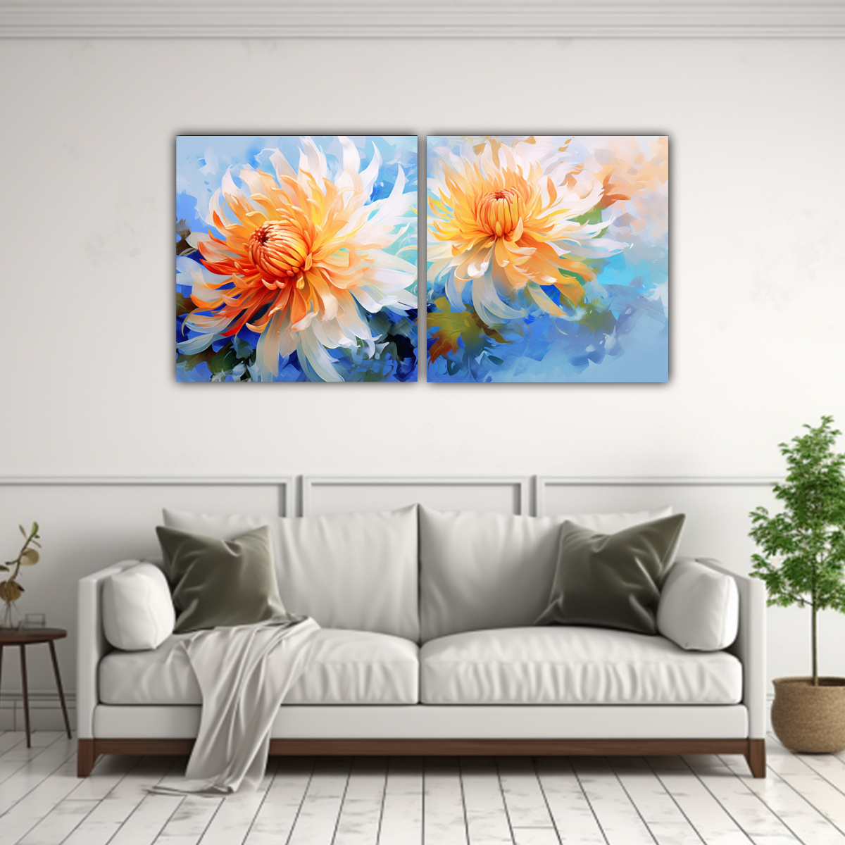 cuadros-abstractos-de-flores-crisantemos-en-colores-naranja-y-azul-1