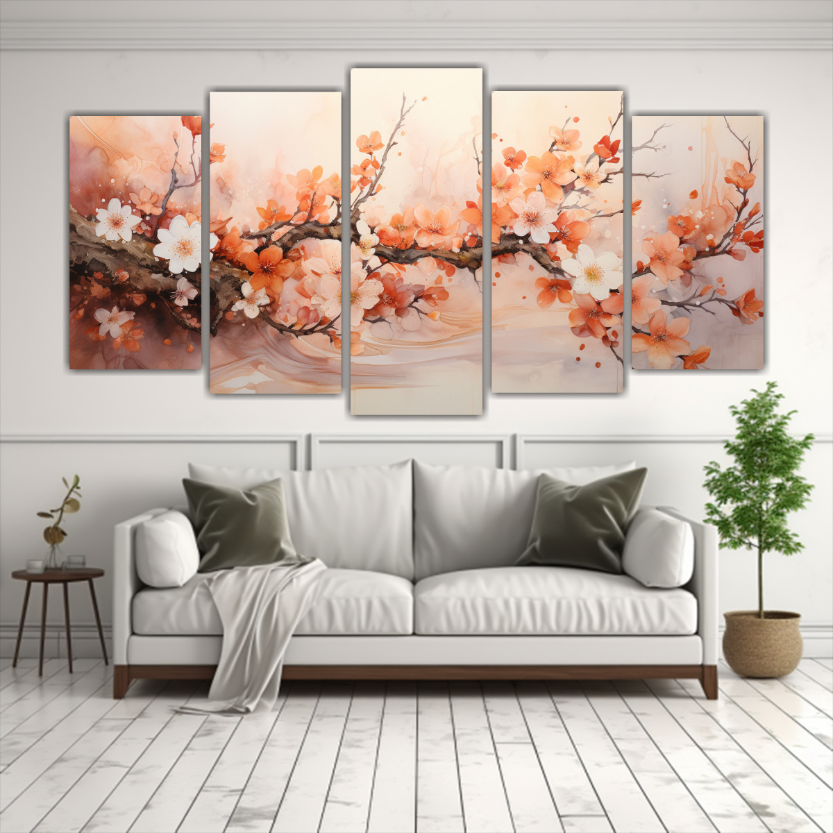 cuadros-cuadro-surrealista-de-cinco-cerezos-en-flor-naranja-y-dorado-abstractos-1