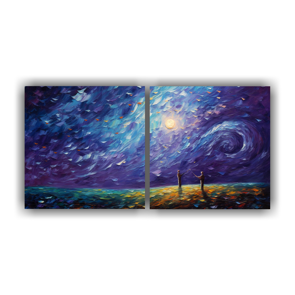 cuadros-inspirador-estrellada-noche-de-un-hombre-volando-una-cometa-en-p-rpura-y-turquesa