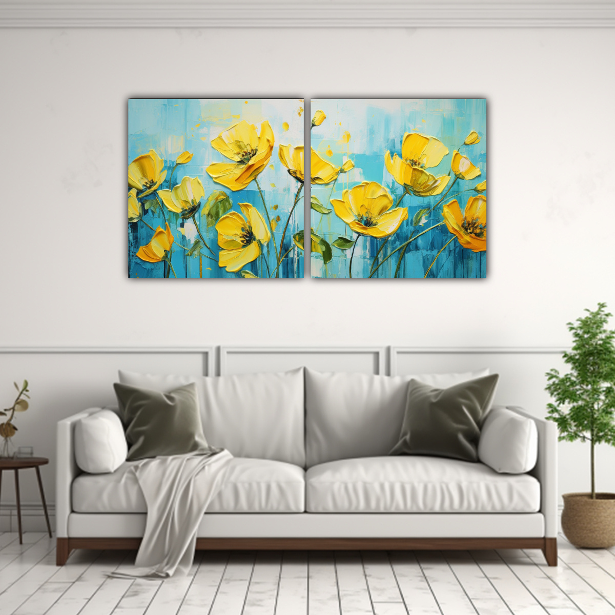 cuadros-inspiradores-de-flores-amarillas-y-cian-para-decorar-el-comedor-1