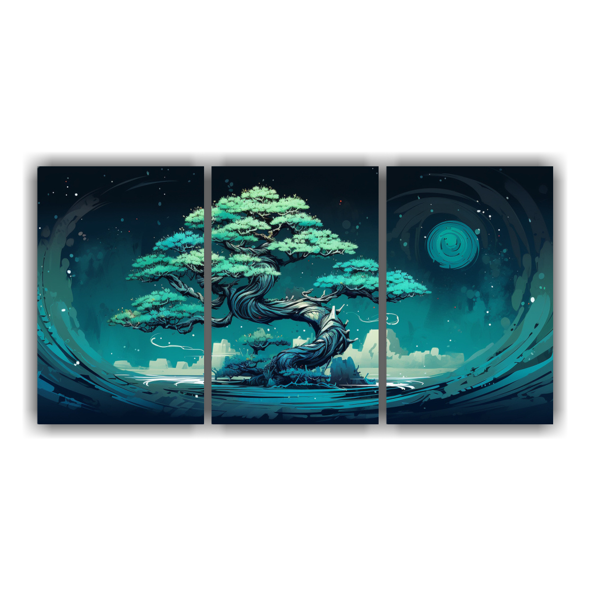 decoraci-n-de-pinturas-de-tres-composiciones-de-un-rbol-bons-i-de-abeto-en-colores-turquesa-y-azul-en-estilo-neonoir