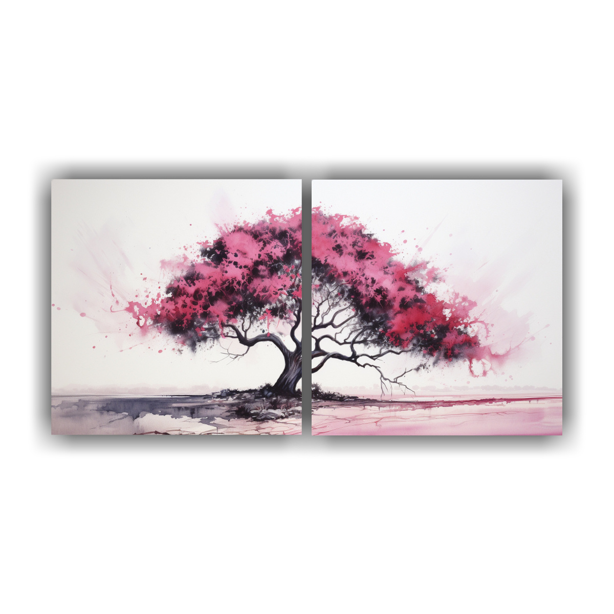 dos-cuadros-inspiradores-en-negro-y-rosa-pintura-abstracta-sobre-el-rbol-de-acacia