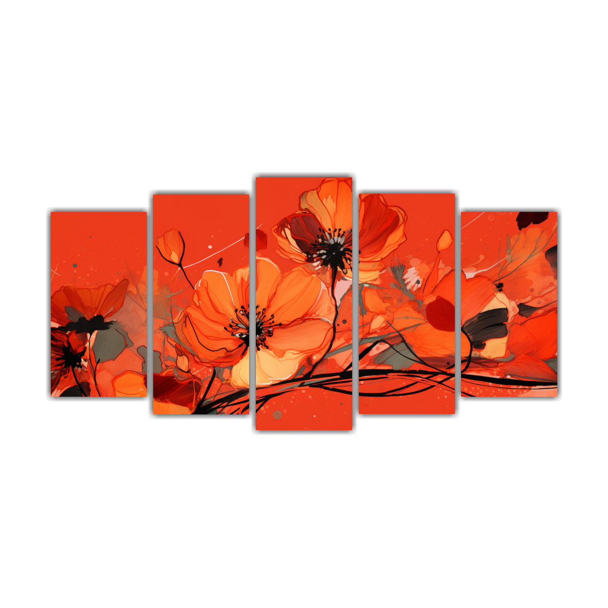 escena-de-cinco-telas-en-bastidor-moderno-ambiente-neonoir-en-rojo-y-naranja