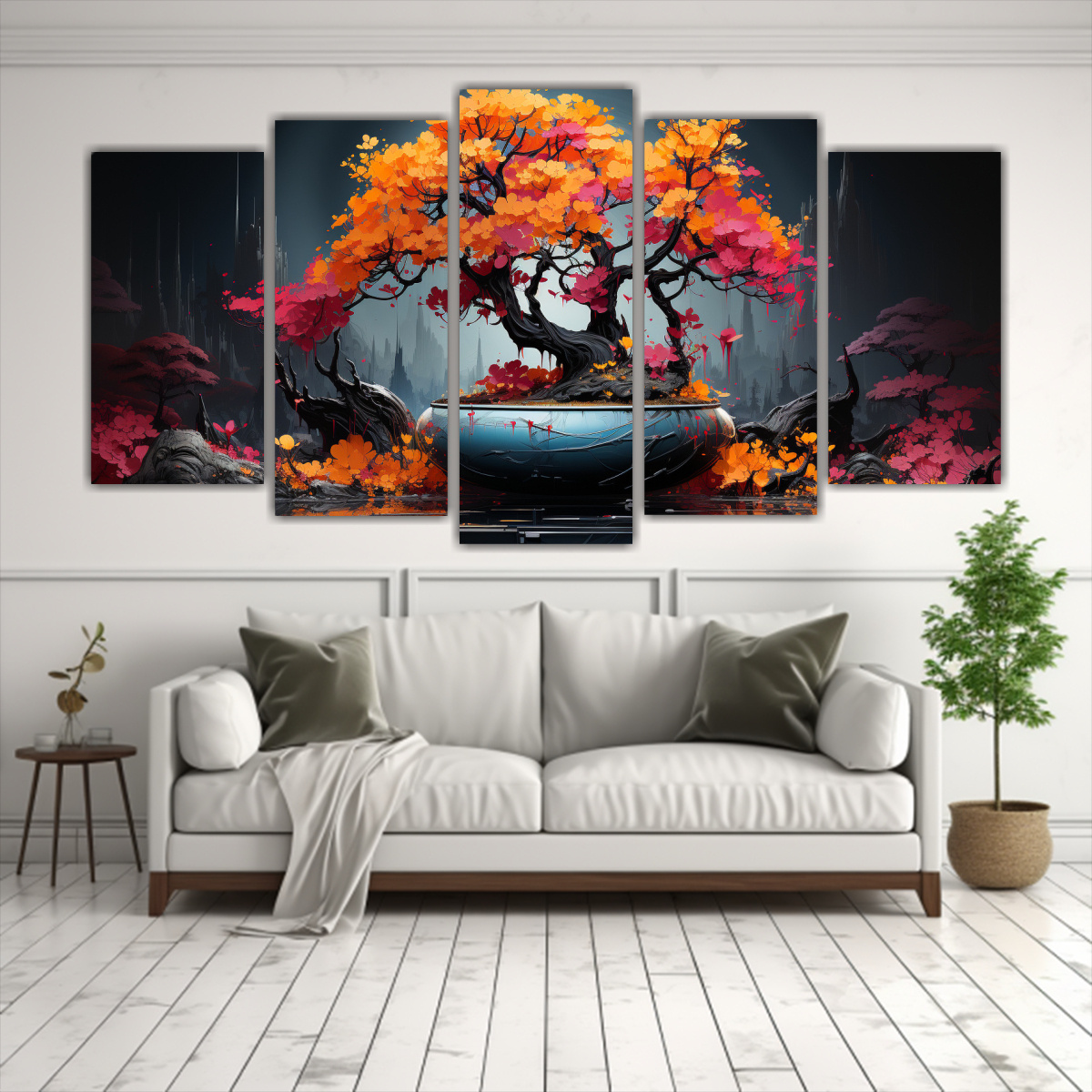 forma-mural-lienzo-set-5-fucsia-bonsai-en-amarillo-y-rojo-ambiente-neonoir-1
