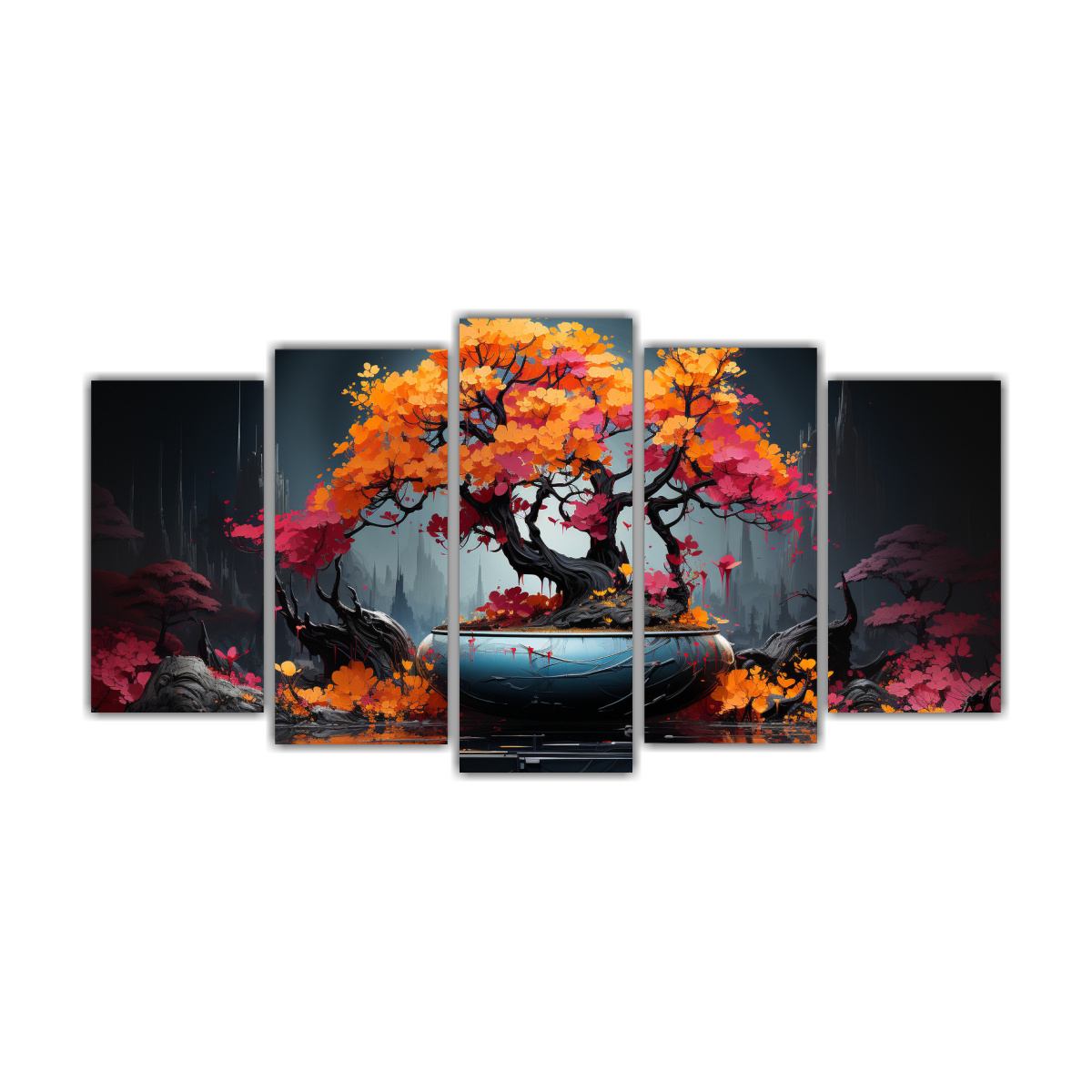 forma-mural-lienzo-set-5-fucsia-bonsai-en-amarillo-y-rojo-ambiente-neonoir