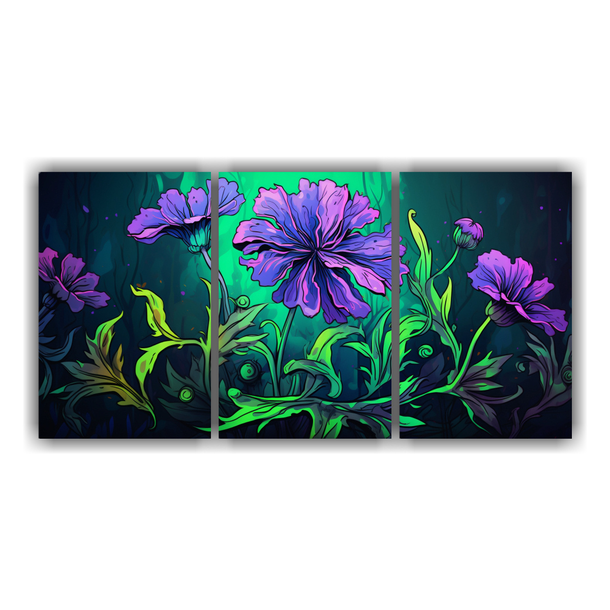 juego-3-lienzos-movimiento-reflejo-hierbas-maravilla-en-verde-y-morado-atmosfera-neonoir