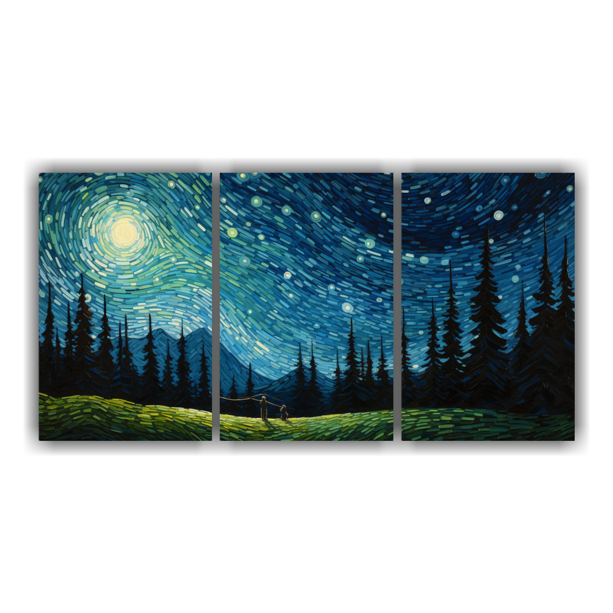 lienzos-de-cuadro-living-noche-estrellada-de-un-hombre-volando-una-cometa-en-colores-blanco-y-azul-