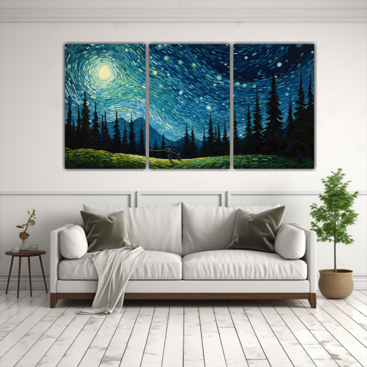 lienzos-de-cuadro-living-noche-estrellada-de-un-hombre-volando-una-cometa-en-colores-blanco-y-azul-1-1