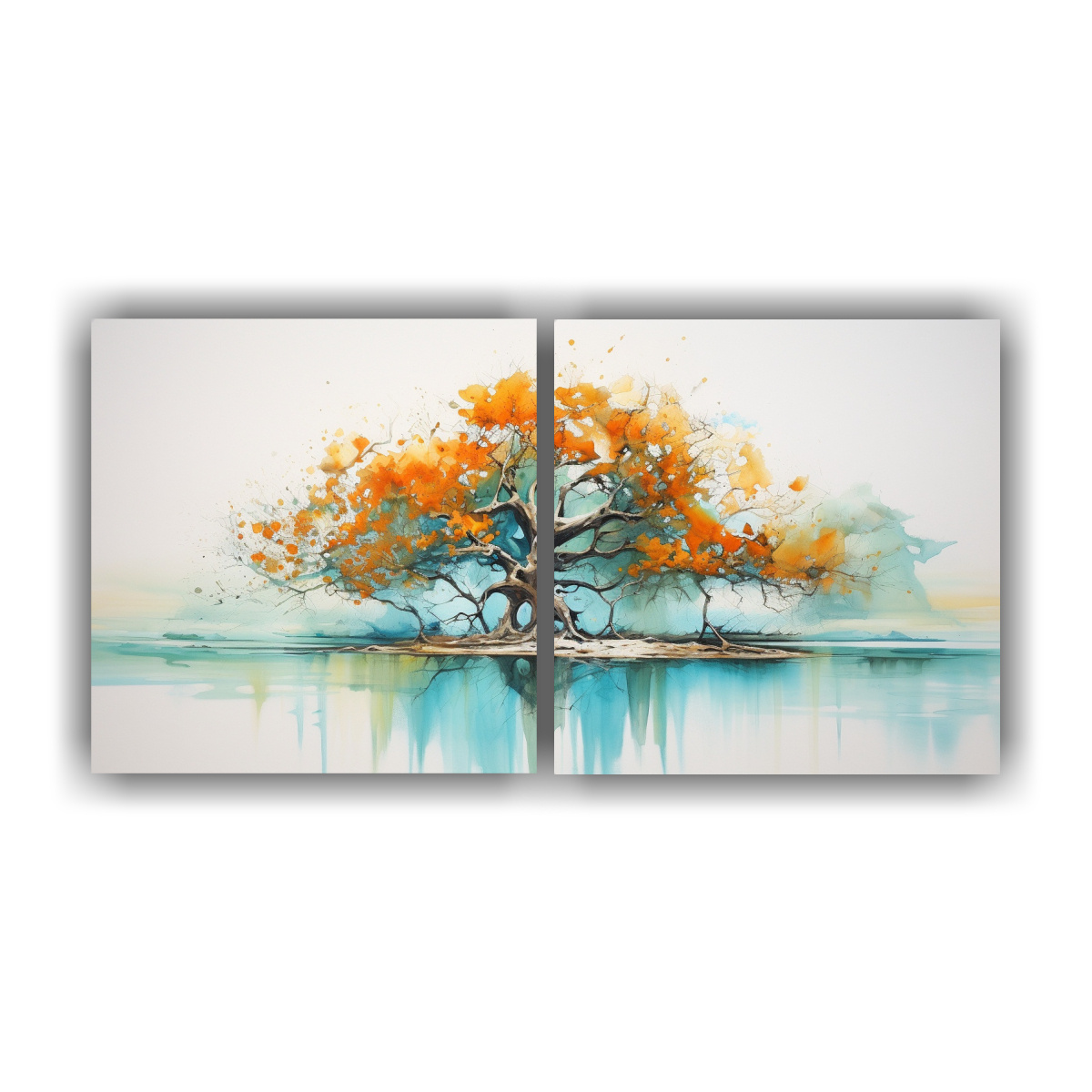 pintura-abstracta-de-dos-telas-en-bastidor-composici-n-de-reflejo-de-un-rbol-de-manglar-en-colores-turquesa-y-naranja