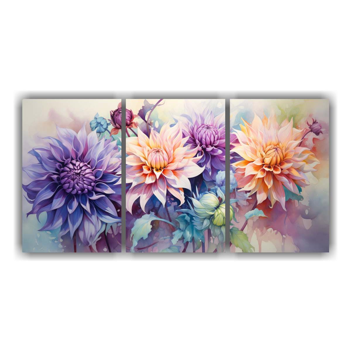 Pintura Abstracta De Flores De Dalias En Colores Verde Y Morado Para Interiores