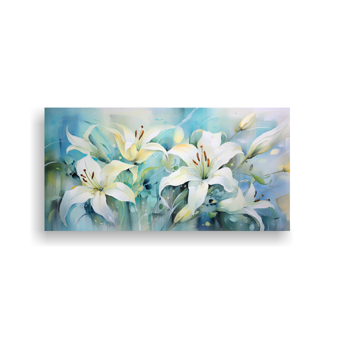 Pintura Abstracta De Flores De Lirios En Colores Turquesa Para Decoración De Arte Fino