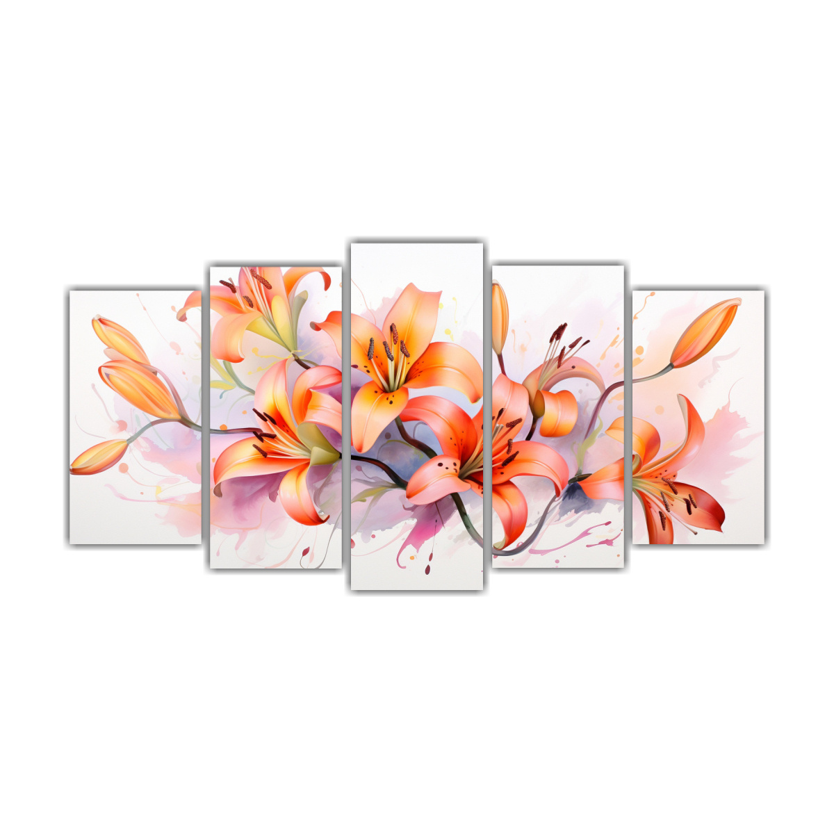 pintura-abstracta-de-lirios-en-colores-naranja-y-rosa-cinco-lienzos-c-lidos-reflejo-a-
