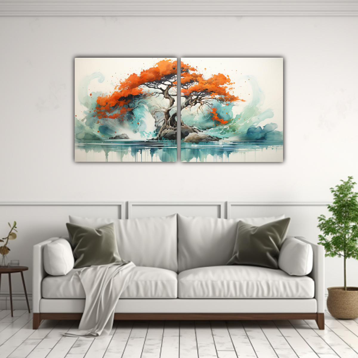 pintura-abstracta-de-rbol-de-cipr-s-en-colores-turquesa-y-naranja-1