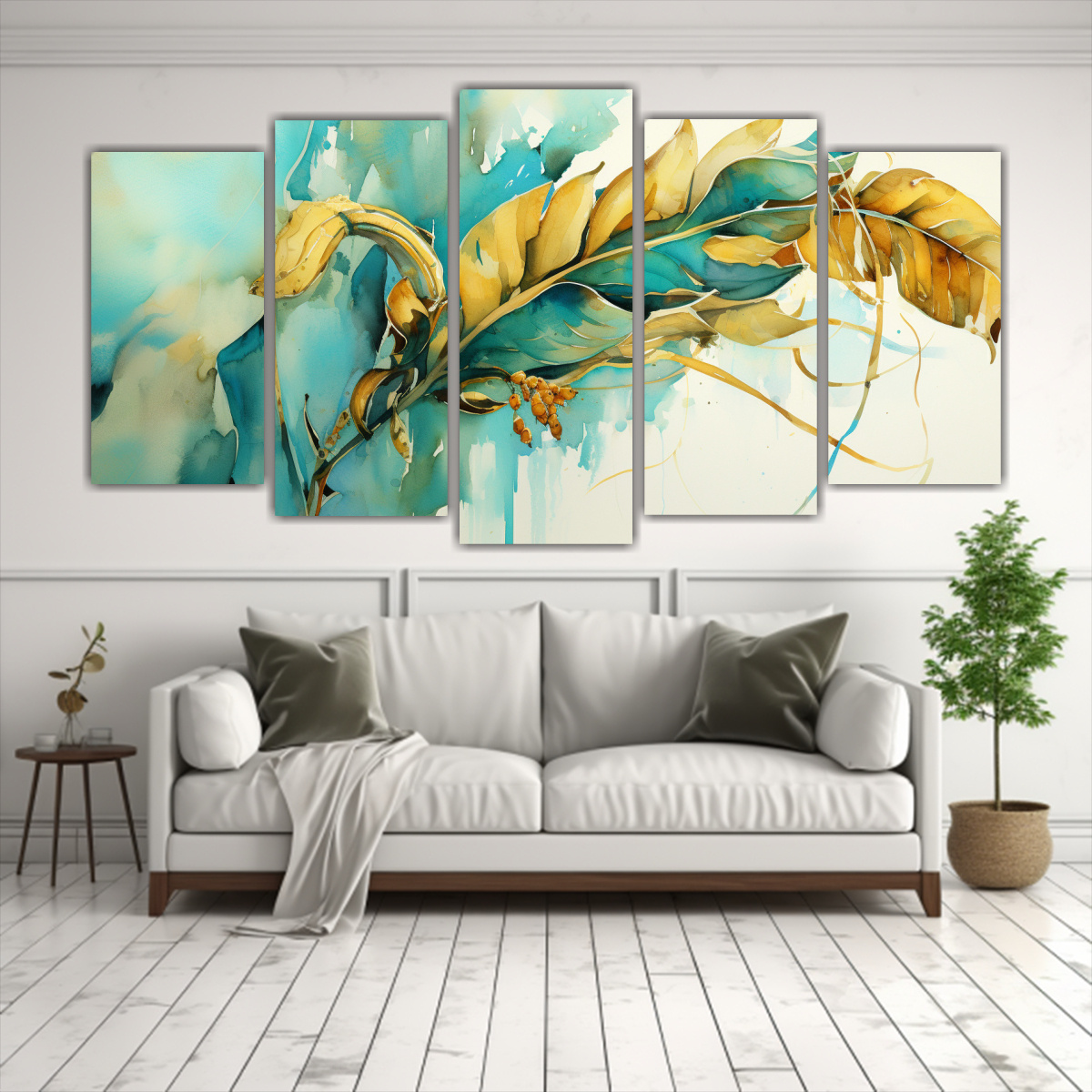 pintura-abstracta-de-rbol-de-pl-tano-en-turquesa-y-dorado-en-cinco-lienzos-de-composici-n-visual-1