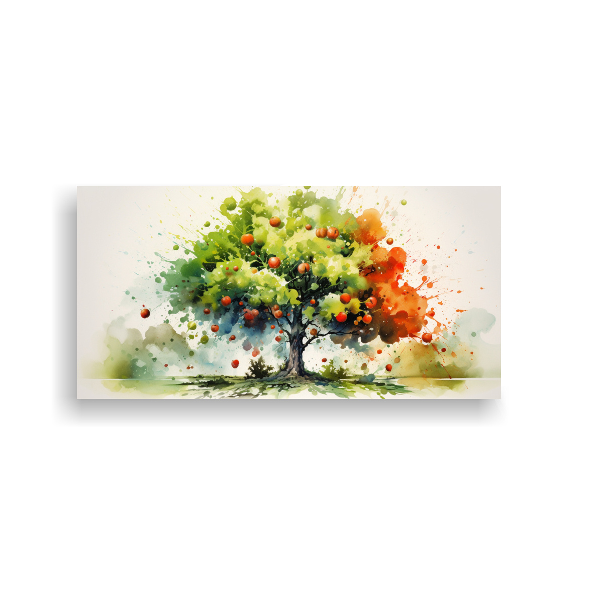 pintura-abstracta-de-rbol-frutal-verde-y-rojo-en-lienzo-de-tela-acuarela