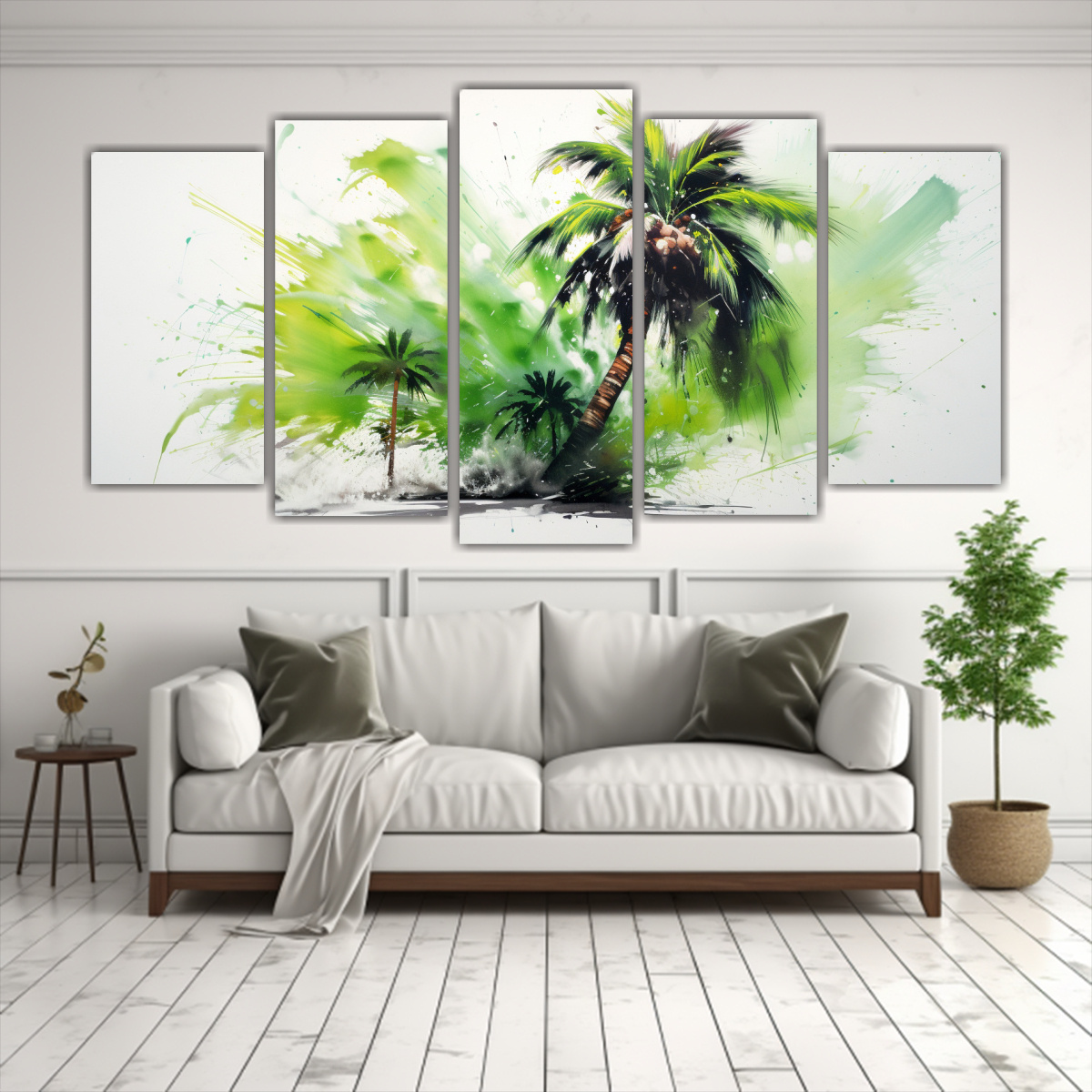 pintura-abstracta-en-acuarela-de-colores-verdes-con-palmera-en-cinco-lienzos-de-tela-1