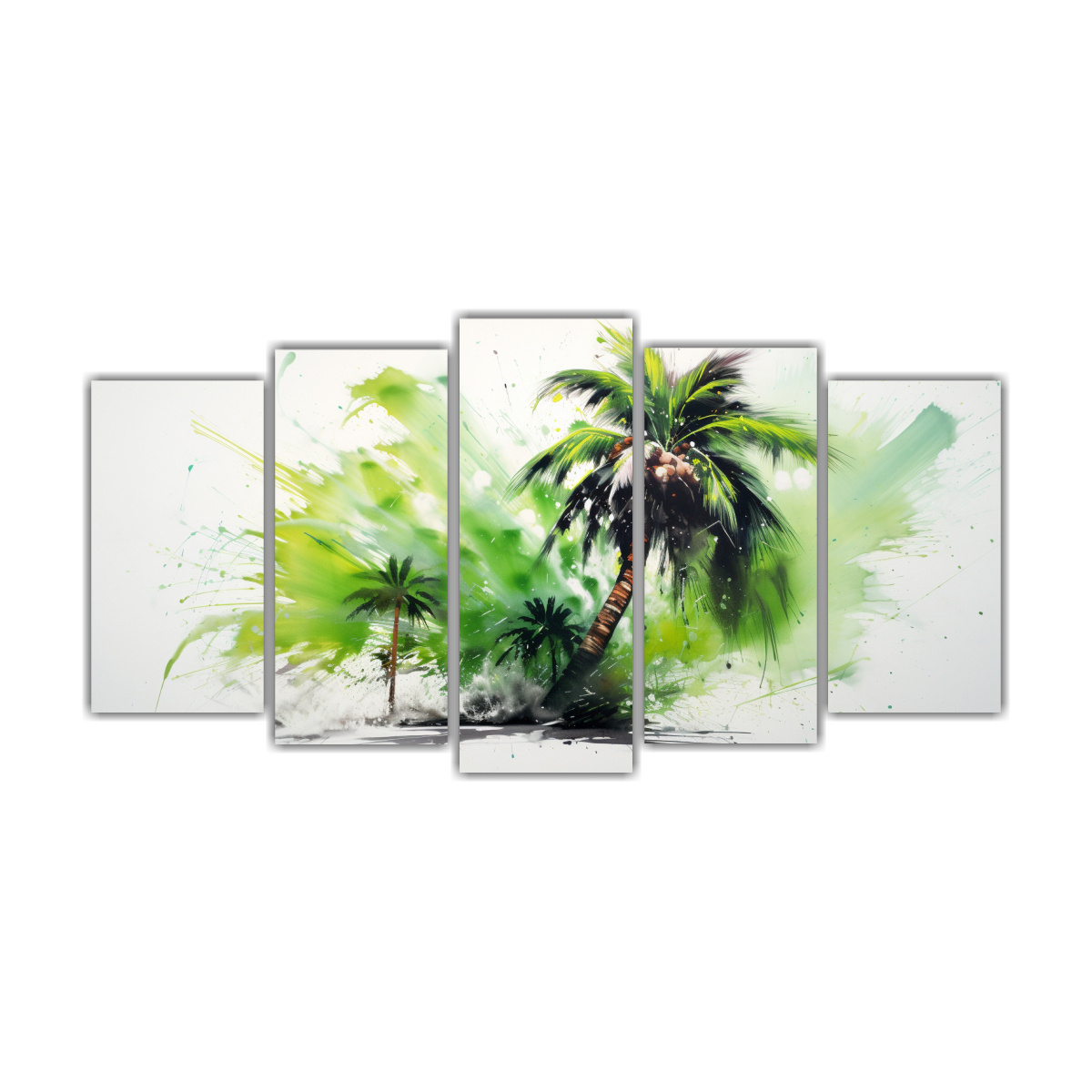 pintura-abstracta-en-acuarela-de-colores-verdes-con-palmera-en-cinco-lienzos-de-tela